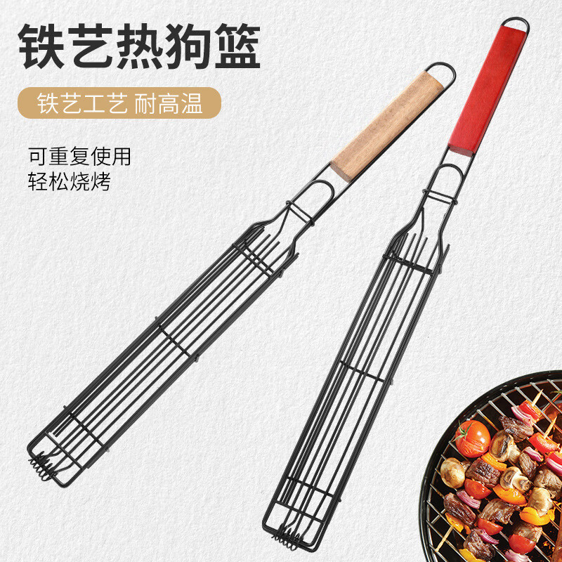 LZJV wooden handle barbecue cage hot dog sausage barbecue clip outdoor camping BBQ stainless steel grill grill stall tool red handle long barbecue grill - oil brush provided