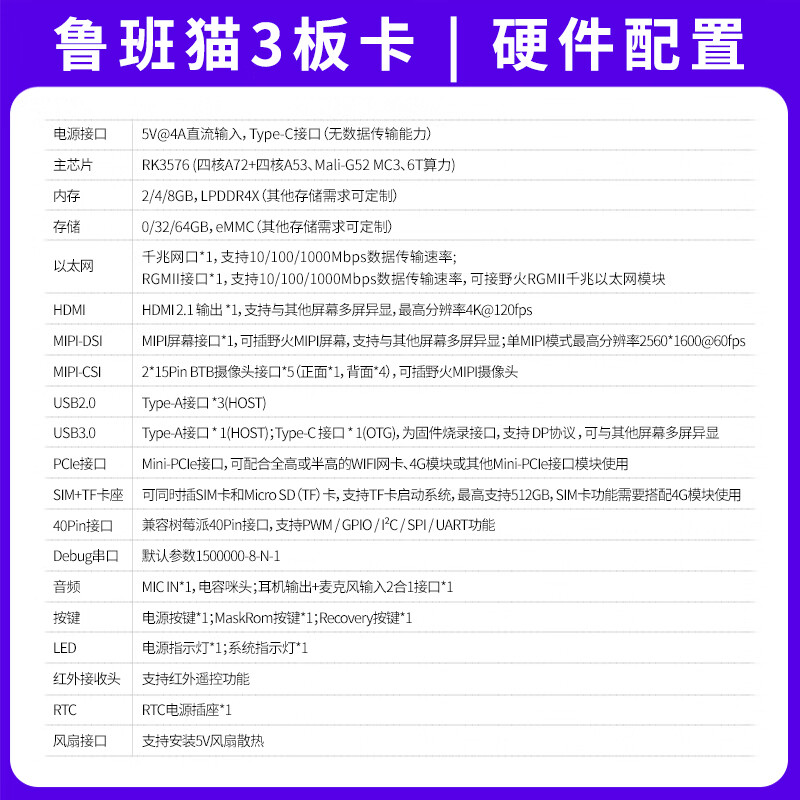 Wildfire Luban Cat 3 card computer Rockchip RK3576 development board Linux Android AI artificial intelligence board far exceeds Raspberry Pi 5 and supports Android 14 Basic power package LBC3 (8+64G)