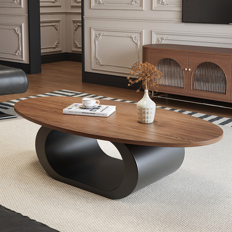 Longyueli solid wood oval tea table living room light luxury high-end 2025 new French retro size small tea table table black frame 130cm walnut color