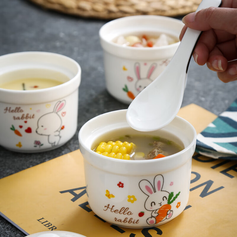 Aostar Soup Cup Set of Four Ceramic Stew Cups with Lid for Stewing Bird’s Nest Tonic and One-Server Household Liner Stew New Rabbit Series (4 Stew Cups with 4 Lids)