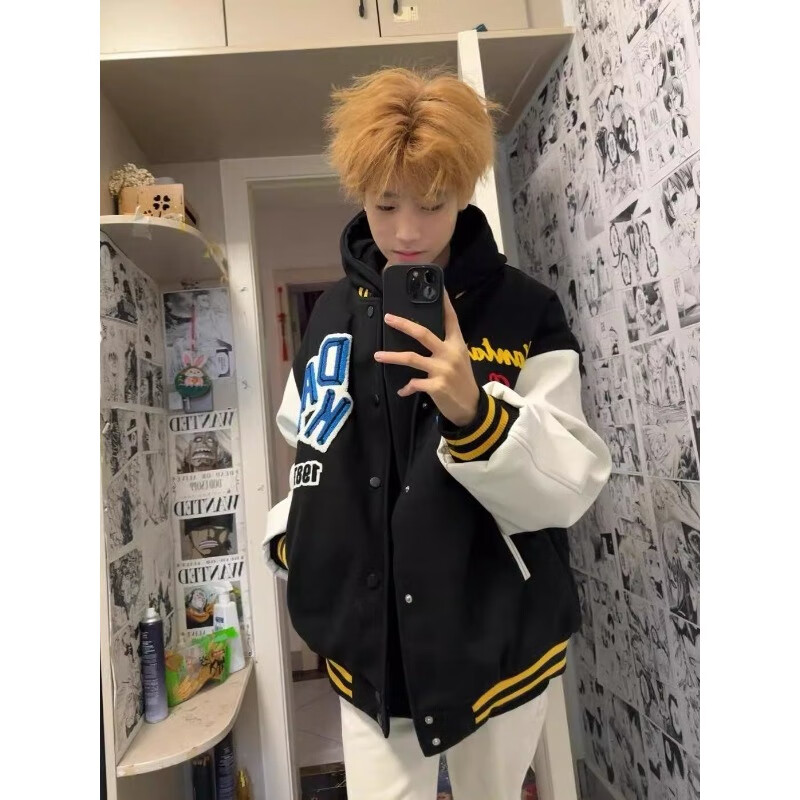Lemage original American fashion brand flocked embroidered letters baseball jacket spring 2025 new ins jacket black-dragon and phoenix leather M
