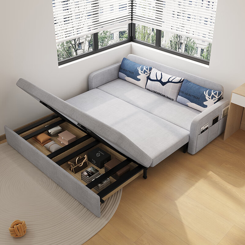 Aunolan sofa bed dual-purpose Nordic simple small apartment multi-functional foldable storage retractable fabric bed outer diameter 2.0 meters skin-friendly cotton and linen + storage high-density sponge type