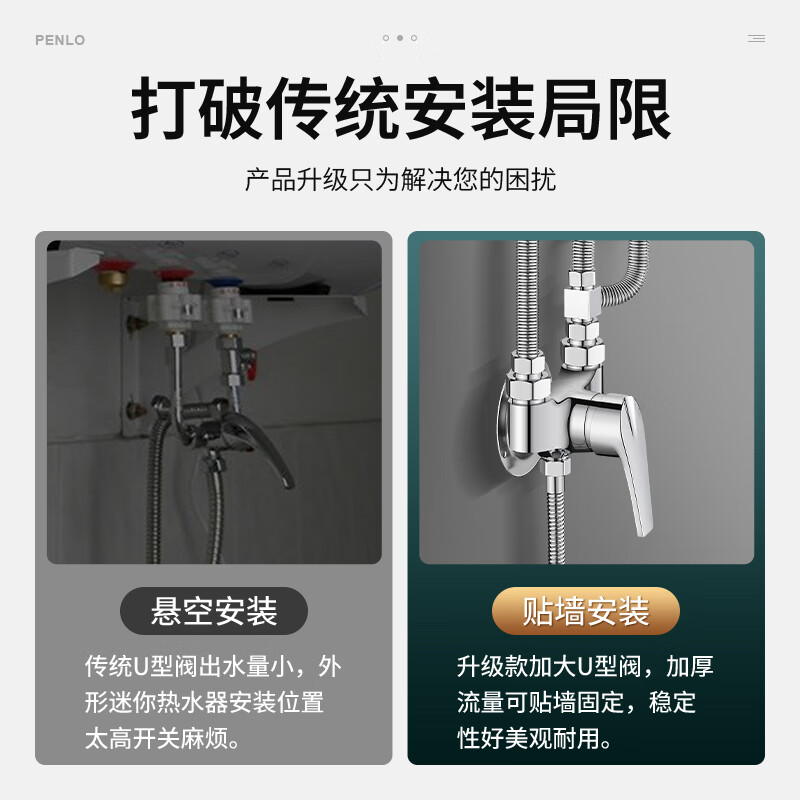 Panluo electric water heater U-shaped mixing valve exposed hot and cold shower faucet mixing valve simple shower head set Mixing valve + 60cm explosion-proof pipe * 2 + shower three-piece set All copper material | 20-year warranty