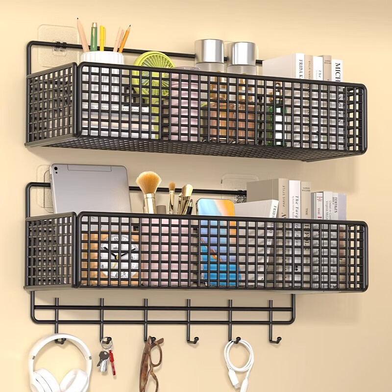 Wall-mounted dormitory hole-free bathroom shelf kitchen storage hanging basket bathroom storage storage rack black square mesh weighted large size 1 layer