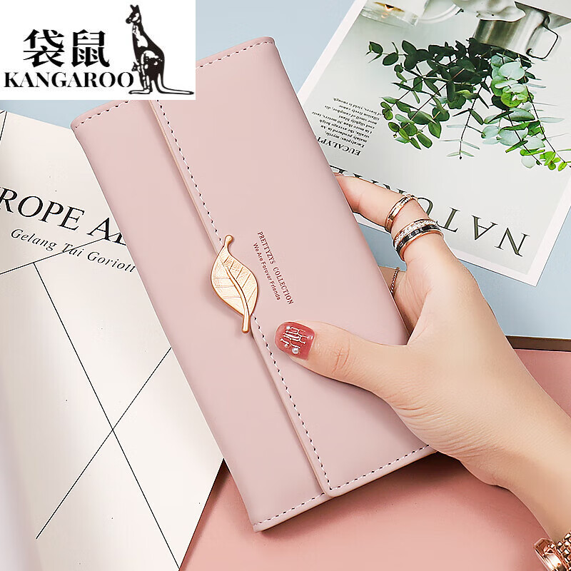 Kangaroo (KANGAROO) Luxury (chi) Light Luxury Trendy Long Wallet Women's Clutch Soft Leather Versatile Mobile Phone Bag Genuine Leather Fashion Card Holder Pink