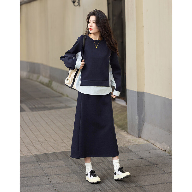 Demana 350G air layer suit spring and autumn fashionable color matching sweatshirt elastic waist slit skirt women's two-piece set