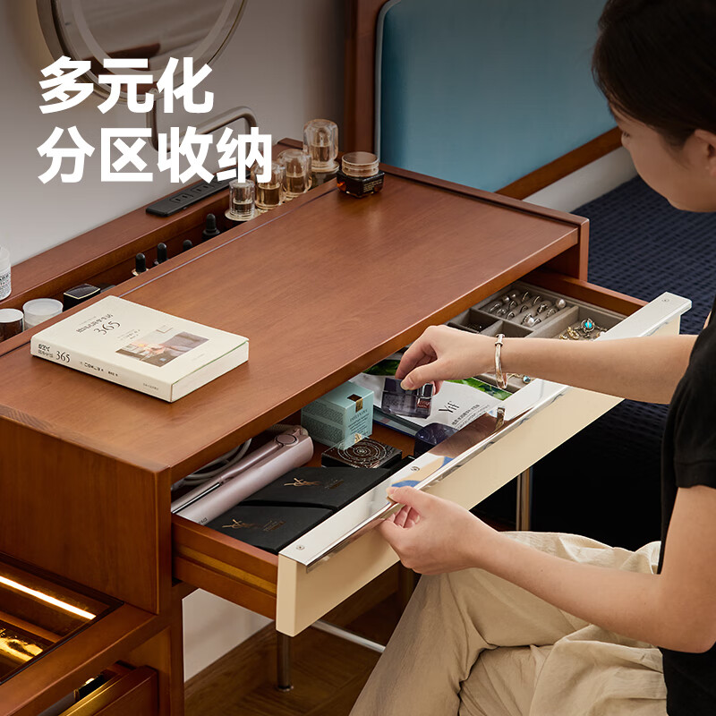 MUU solid wood dresser household drawer cabinet storage cabinet integrated small apartment master bedroom antique style bedside table makeup table mirror Mies dresser with mirror