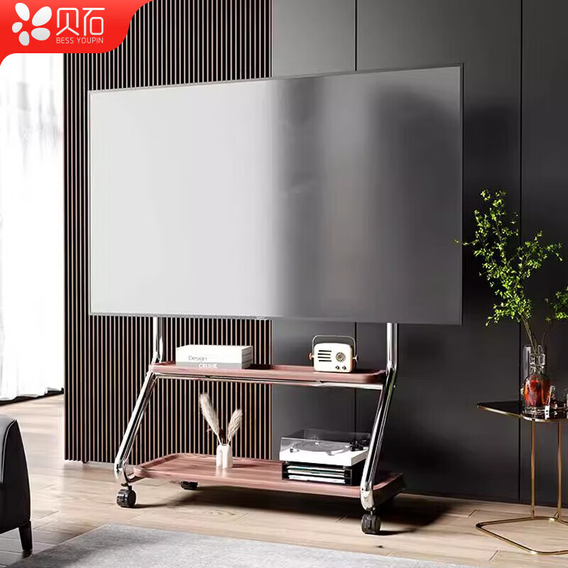 Beishi 32-75-inch universal mobile TV stand floor-standing TV mount is suitable for Hisense TCL Thunderbird Sony Changhong Konka Cool Chuangwei Xiaomi and other TV stands 32-75 inches/double-layer storage wooden pallet/light luxury silver