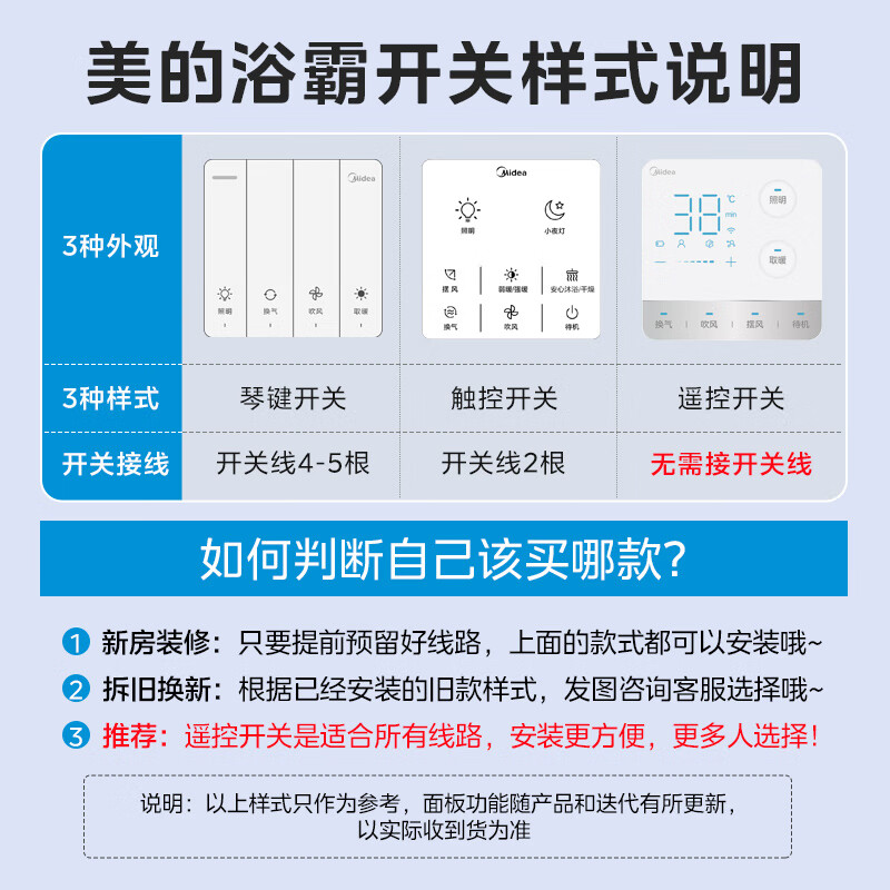 Midea air-heated bathroom heater, air heater, lighting, exhaust, five-in-one integrated ceiling-mounted wireless toilet bathroom machine G3 G3 key | 4-in-1 speed heating | temperature visibility