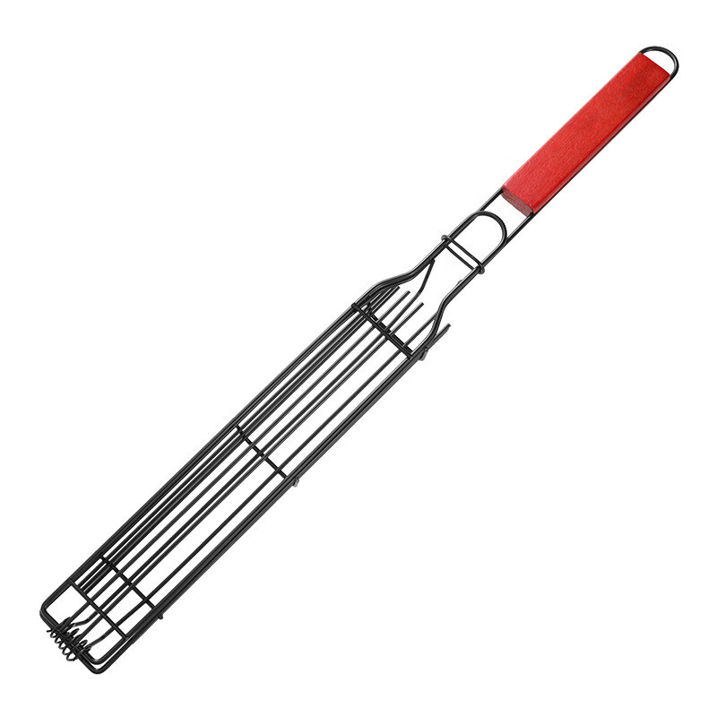 LZJV wooden handle barbecue cage hot dog sausage barbecue clip outdoor camping BBQ stainless steel grill grill stall tool red handle long barbecue grill - oil brush provided