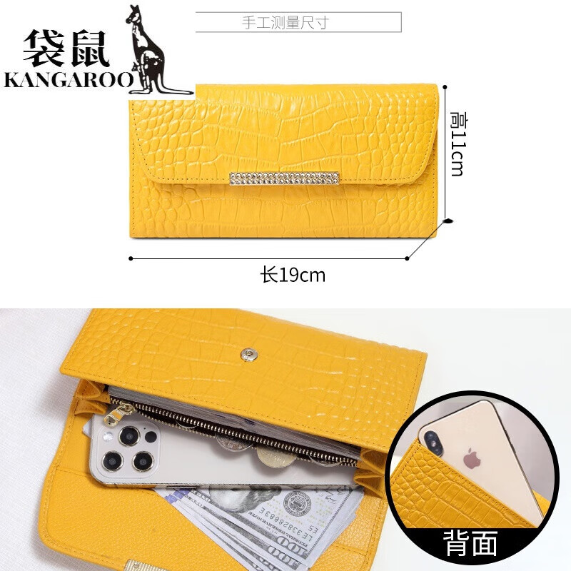 Kangaroo fashion diamond-encrusted leather wallet for women 2025 new style high-value design crocodile pattern cowhide banknote holder for mobile phone Valentine's Day birthday gift gift box packed with lucky yellow