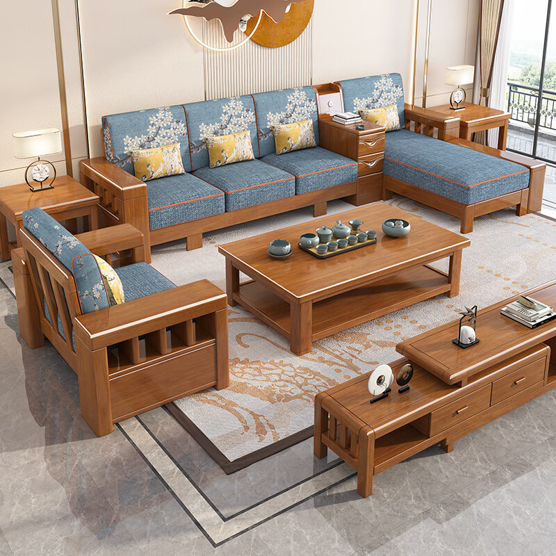 Hexi new Chinese style solid wood sofa living room solid wood furniture combination modern simple small apartment small wooden sofa bed four seats + imperial concubine couch + long coffee table + TV cabinet