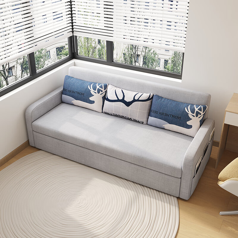 Aunolan sofa bed dual-purpose Nordic simple small apartment multi-functional foldable storage retractable fabric bed outer diameter 2.0 meters skin-friendly cotton and linen + storage high-density sponge type