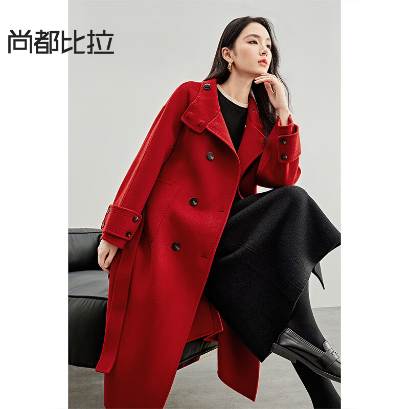Shandubila New Year Red 100% wool woolen coat for women winter high-end thickened warm double-sided woolen coat