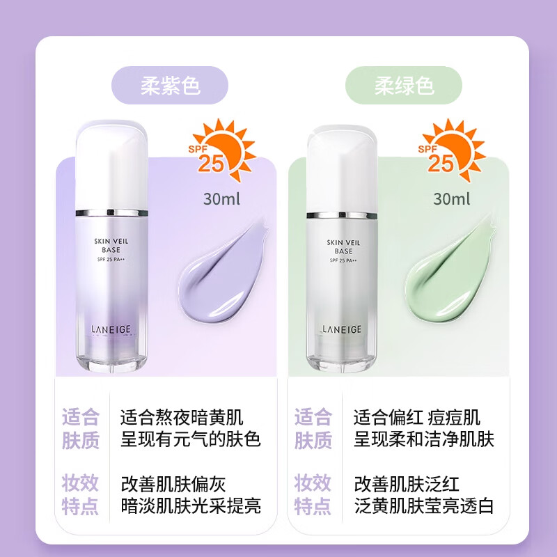 LANEIGE Isolation Cream Snow Silky Sunscreen Isolation Milk for Men and Women before Makeup to Brighten Skin Color New Year's Gift No. 40 Purple 30ml Yellowish Skin SPF25PA++