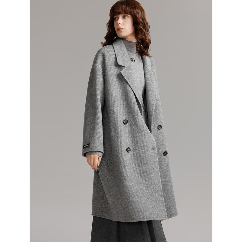 ELLE Sheep Wool Alpaca Double-sided Woolen Coat Women's 2025 Winter New Elegant Suit Collar Woolen Coat Medium Gray S
