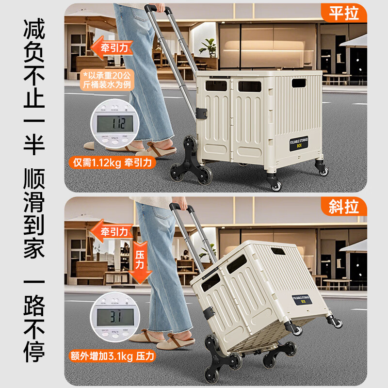 Japan imported MUJU hand cart for grocery shopping, portable folding shopping cart, household trolley, picnic cart, medium size - 4 wheels - cool gray blue - with cover