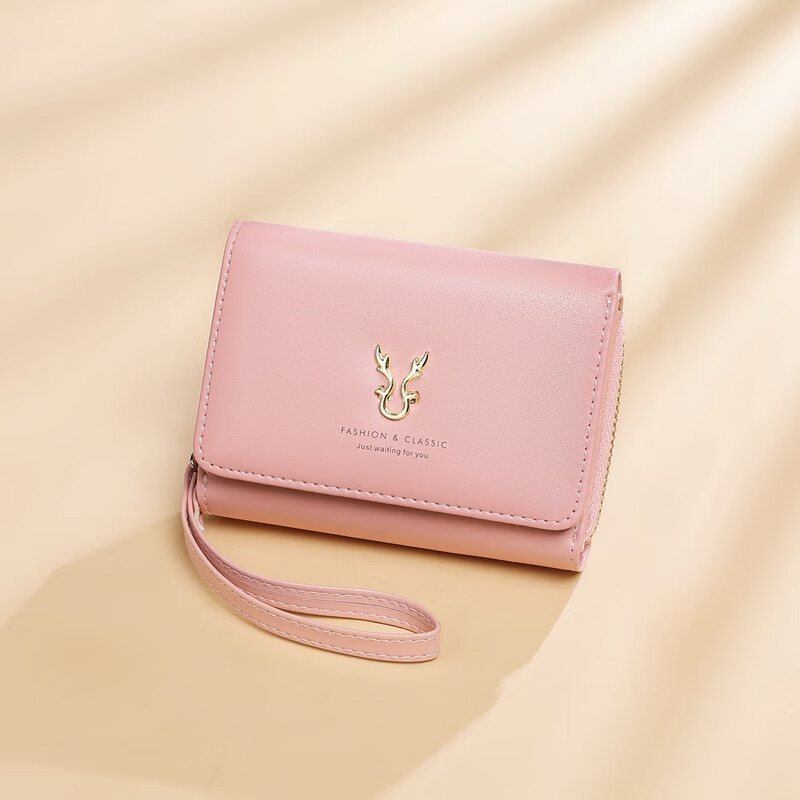 Viney cowhide short wallet female mini zipper coin purse folding wallet multi-card slot large capacity student wallet card bag pink