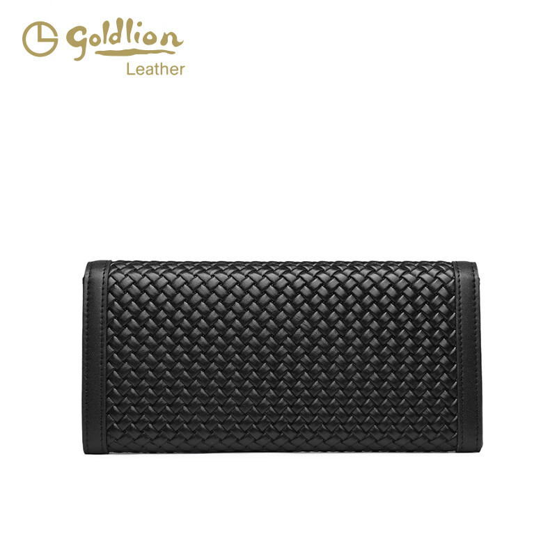 Goldlion 25 New Genuine Leather Woven Light Luxury Design Women's Long Wallet Large Capacity Card Holder Coin Purse Trendy Black
