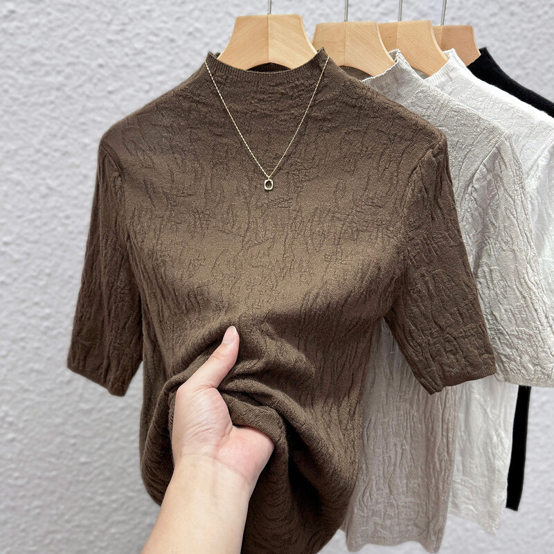 GUJIN inner wear women's mid-sleeve solid color dark pattern sweater half turtleneck short-sleeved women's 2026 new bottoming shirt top