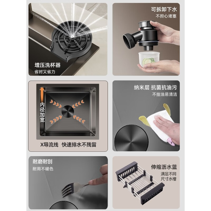 JOMOO suitable for gun gray small sink single tank stainless steel kitchen small size under counter basin western kitchen island bar fan (gun gray) 42*35 with pull-out hot and cold faucet