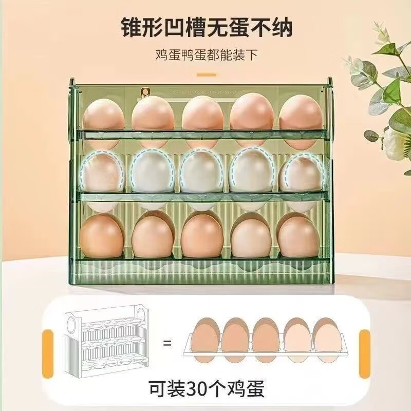 LZJV egg kitchen refrigerator storage box preservation and organization egg carton storage artifact side door egg tray flipping egg rack transparent model can hold 30 eggs