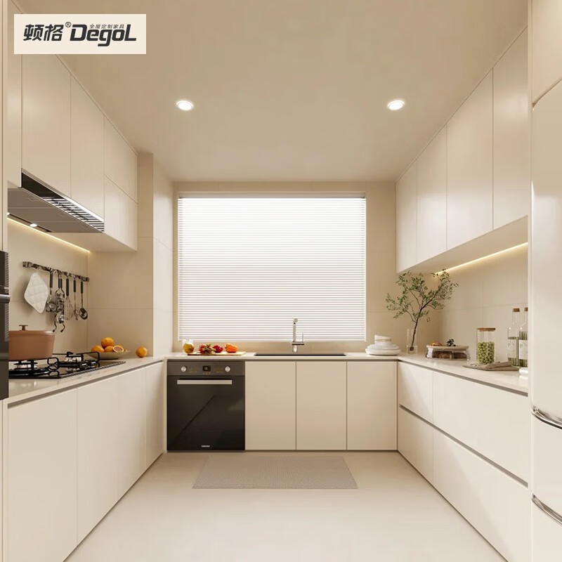 Wen Yijia Dunge modern cream style U-shaped cabinet overall home kitchen quartz stone stove custom-made whole house white 1 meter