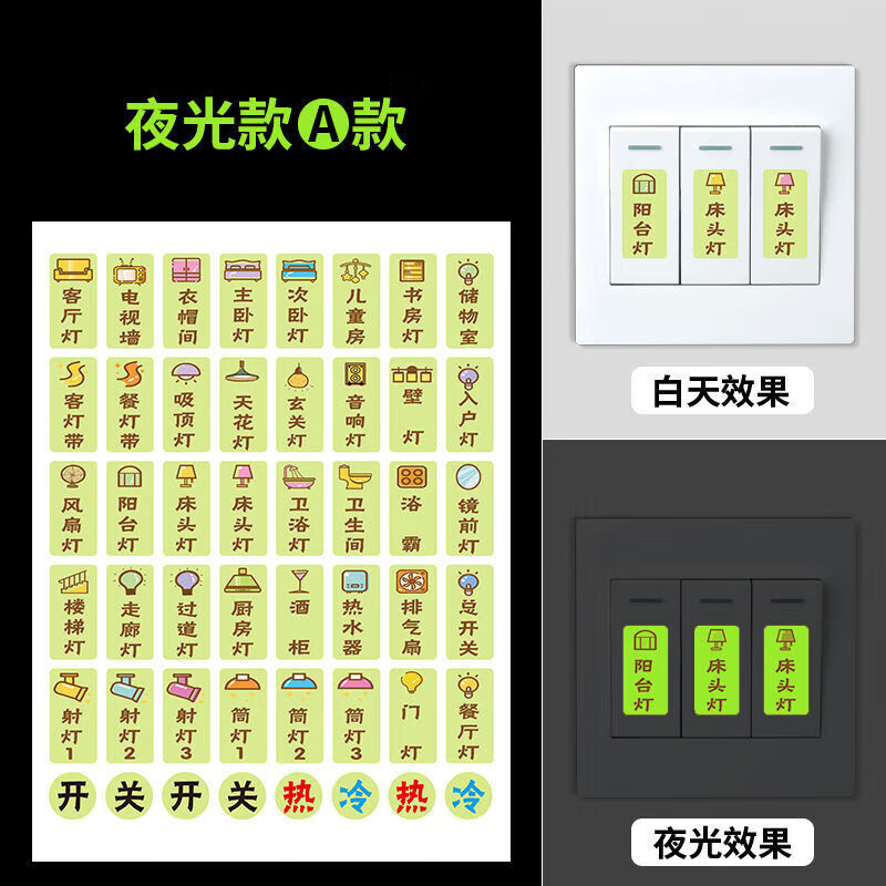 Moufu (CNMF) Jingcang Suda switch identification stickers, luminous identification stickers, distribution box label stickers, socket indication stickers (luminous type A, 2 sheets)
