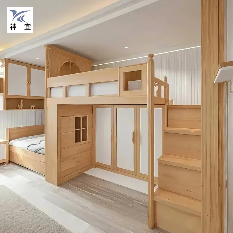 Shenyi children's room platform box bed bookcase wardrobe log furniture design whole house custom tatami upper bed and lower cabinets