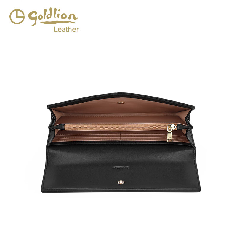Goldlion 25 New Genuine Leather Woven Light Luxury Design Women's Long Wallet Large Capacity Card Holder Coin Purse Trendy Black