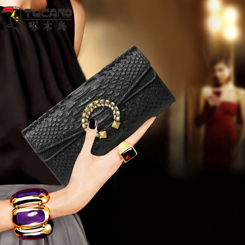 Woodpecker (TUCANO) Fashionable Crocodile Pattern Genuine Leather Long Flip Wallet Feminine 2025 New First Layer Cowhide Diamond Handbag Wallet Black - First Layer Cowhide High-end Gift Box Packaging