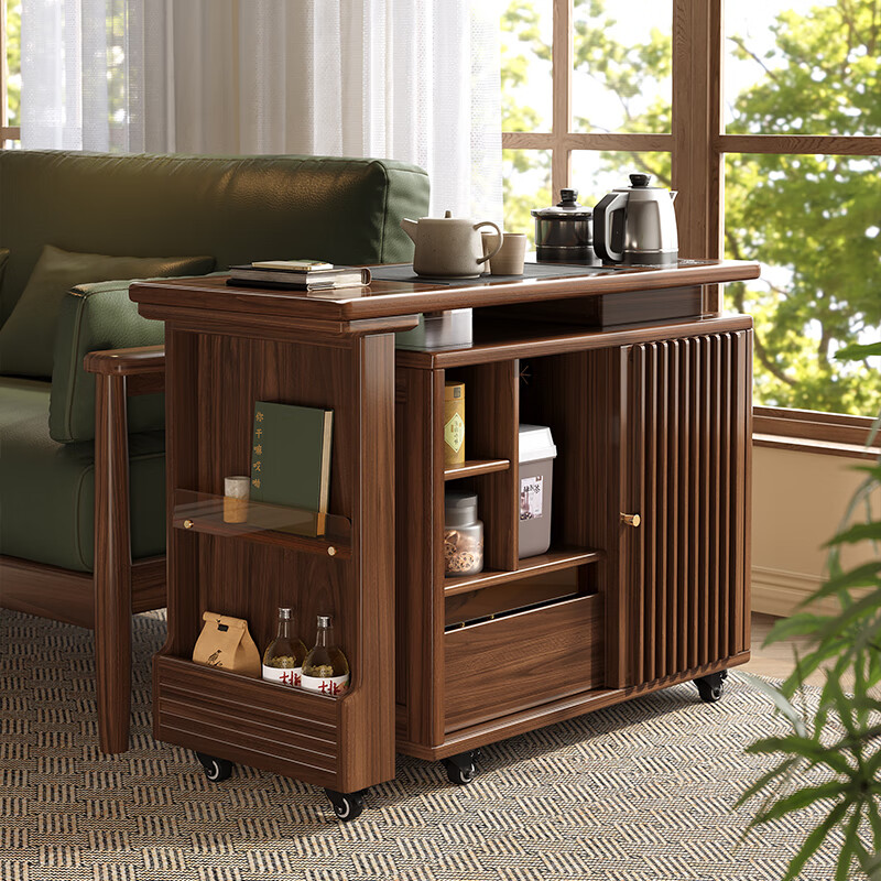 Geya wood language black walnut solid wood tea table integrated rotatable small tea table new Chinese style creative kung fu coffee table movable tea cabinet tea table