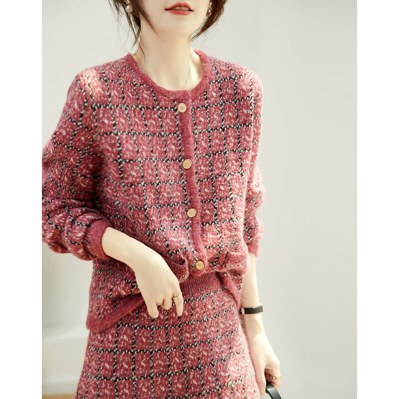 Demana small fragrance two-piece set spring and autumn round neck plaid top high waist a-line skirt suit women's fashion