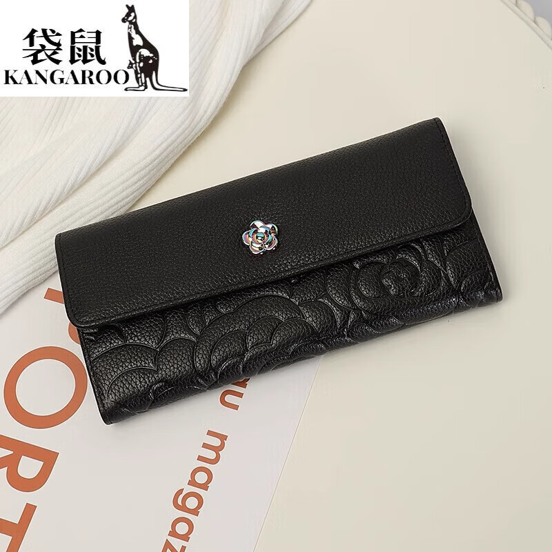 Kangaroo Camellia genuine leather long hand wallet for women 2026 new soft cowhide large capacity wallet for mobile phone clutch bag high-end gift box black