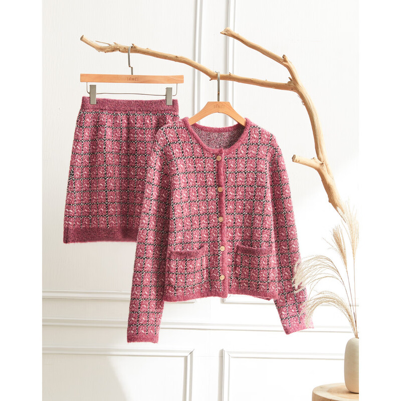 Demana small fragrance two-piece set spring and autumn round neck plaid top high waist a-line skirt suit women's fashion