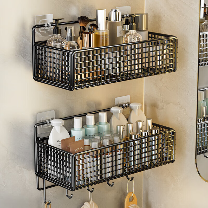 Wall-mounted dormitory hole-free bathroom shelf kitchen storage hanging basket bathroom storage storage rack black square mesh weighted large size 1 layer