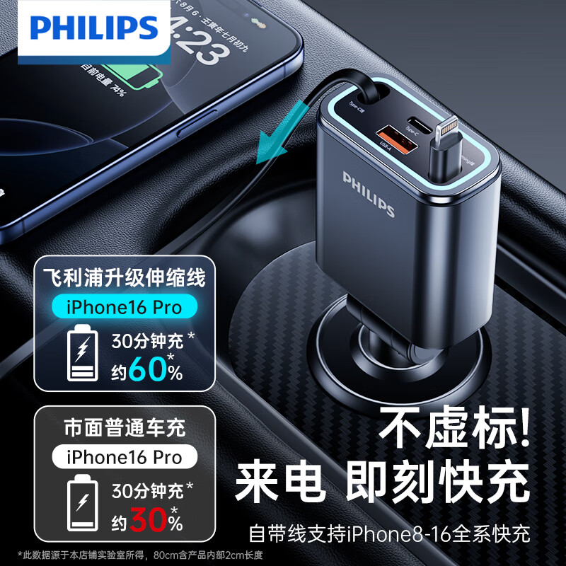 Philips Car Charger Super Fast Charging with Cable One to Four Car Cigarette Lighter Adapter Suitable for Huawei Apple 17 Dual Retractable Cable C+L Max100W Super Fast Charging