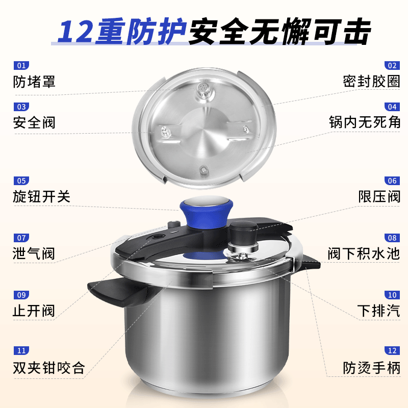 Shuangxi pressure cooker 304 stainless steel gas induction cooker universal household explosion-proof pressure cooker one-hand opening and closing 22CM/7L