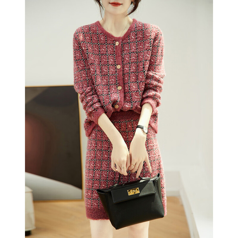 Demana small fragrance two-piece set spring and autumn round neck plaid top high waist a-line skirt suit women's fashion