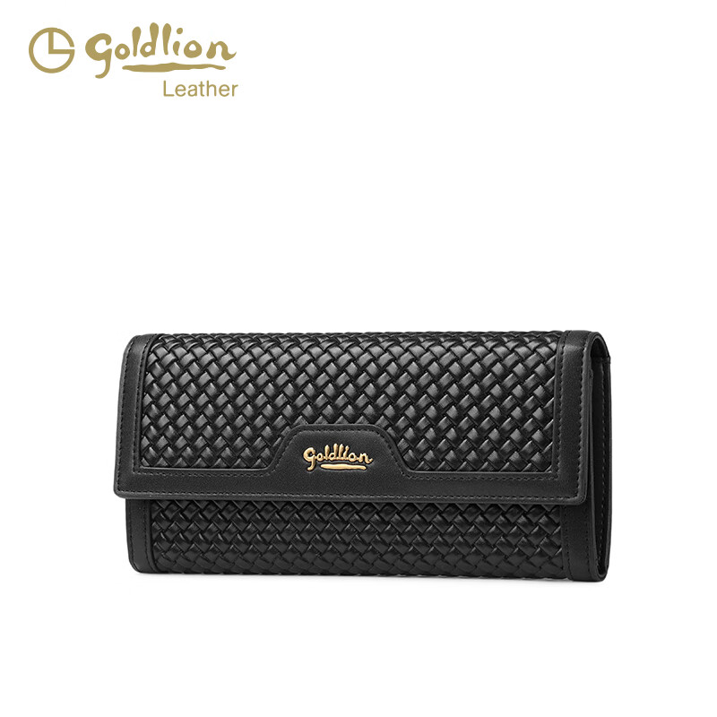 Goldlion 25 New Genuine Leather Woven Light Luxury Design Women's Long Wallet Large Capacity Card Holder Coin Purse Trendy Black