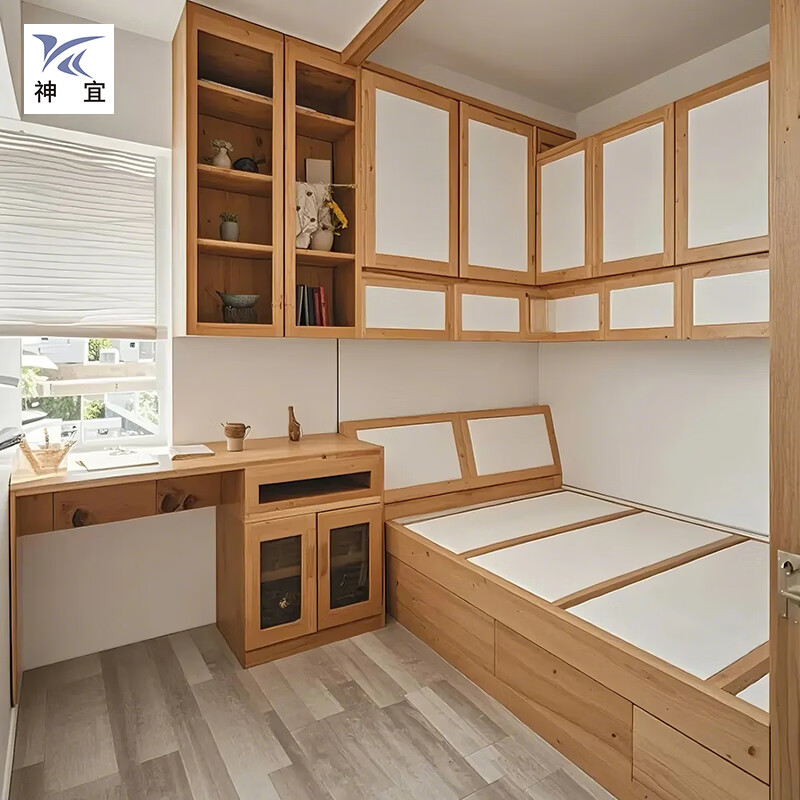 Shenyi children's room platform box bed bookcase wardrobe log furniture design whole house custom tatami upper bed and lower cabinets