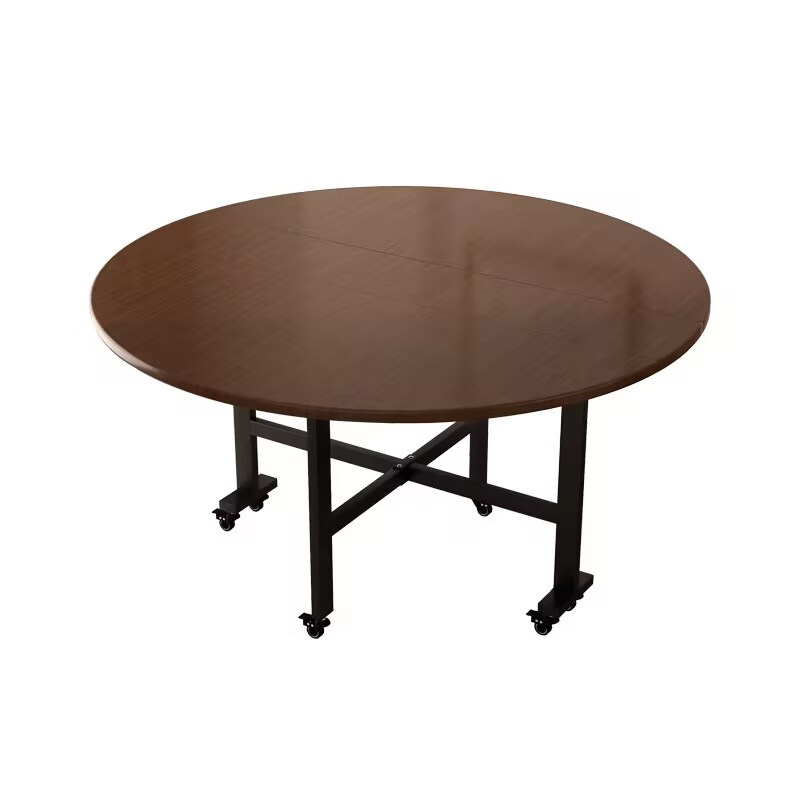 Chunshao folding table household dining table small apartment dining table simple rental room restaurant hotel movable large round table black walnut color 2.0 meters + 1.4 glass turntable