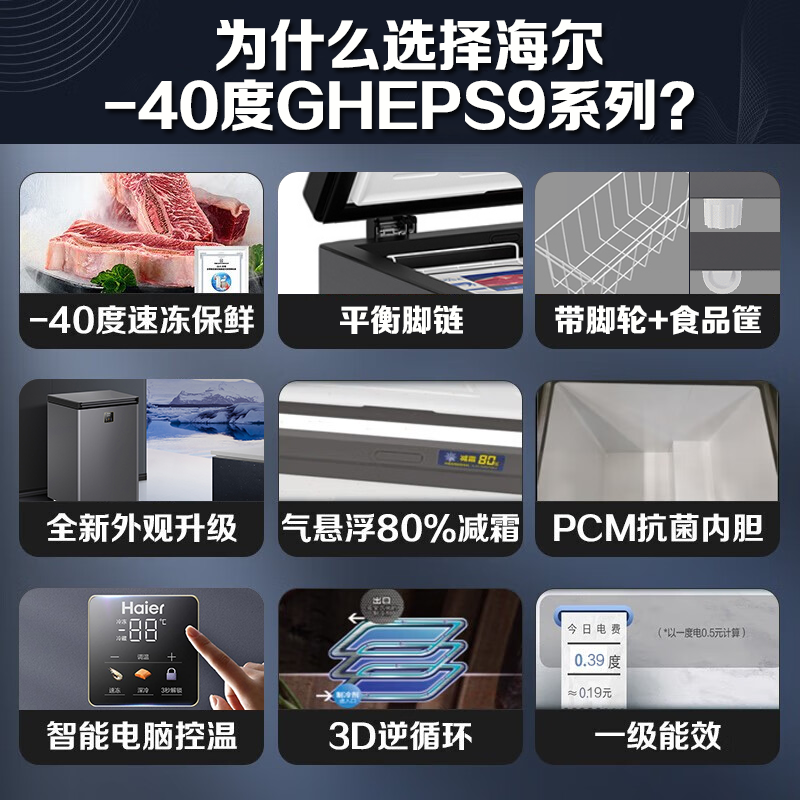 Haier top-of-the-line automatic frost reduction Haier freezer household single-temperature refrigeration and freezing small ultra-low temperature sub-zero quick freezer first-class energy efficiency horizontal small freezer -40丨Electronic temperature control丨PCM liner丨100L