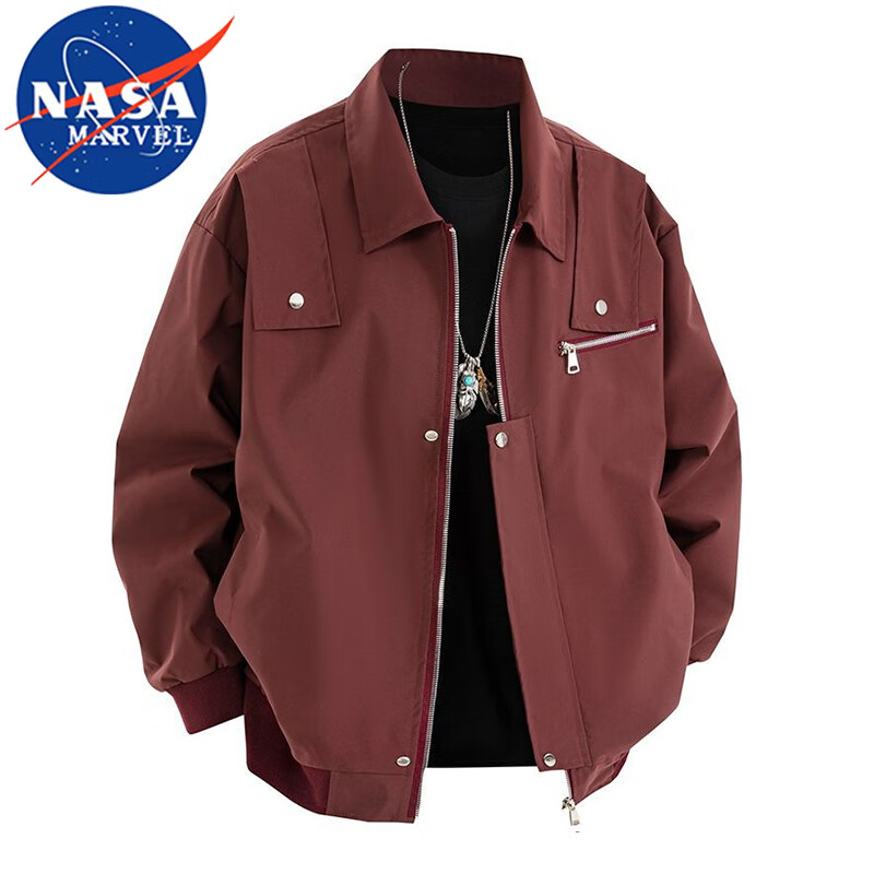 NASA MARVEL Jacket Men's Spring and Autumn Casual Young and Middle-aged Loose Lapel Breathable Long-Sleeved Jacket Top Black XL