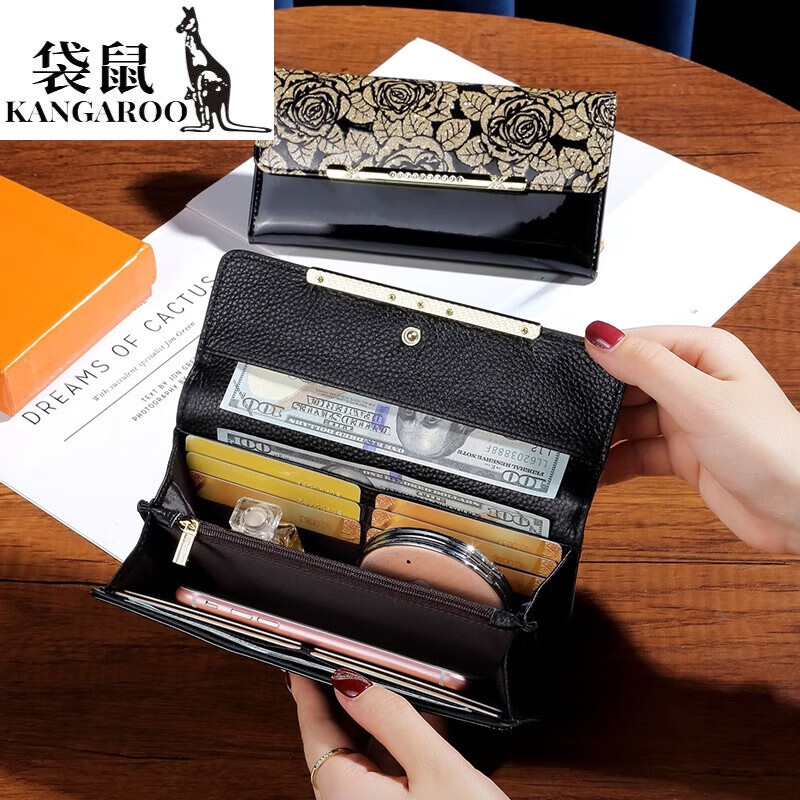 Kangaroo fashion temperament bright leather long wallet for women versatile internet celebrity new style leather inside and outside with multiple slots for banknotes holder for mobile phone Red Rose - genuine leather inside and outside High-end gift box packaging