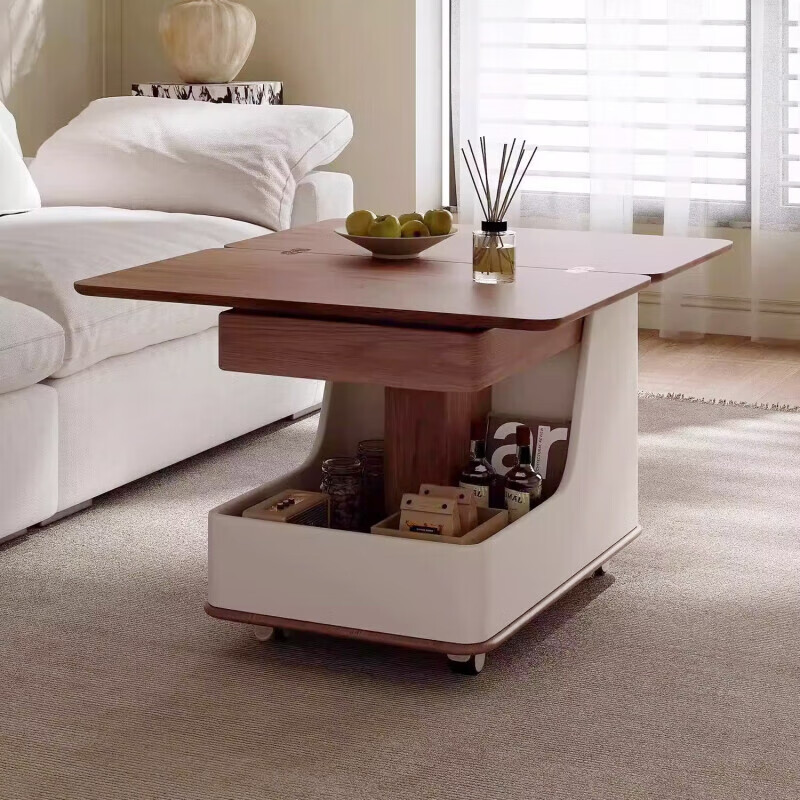 Qingzi Yu sofa side table, removable lifting and folding coffee table with wheels, corner table, antique style living room balcony coffee table that does not take up space, lifting and folding side table, walnut wood grain