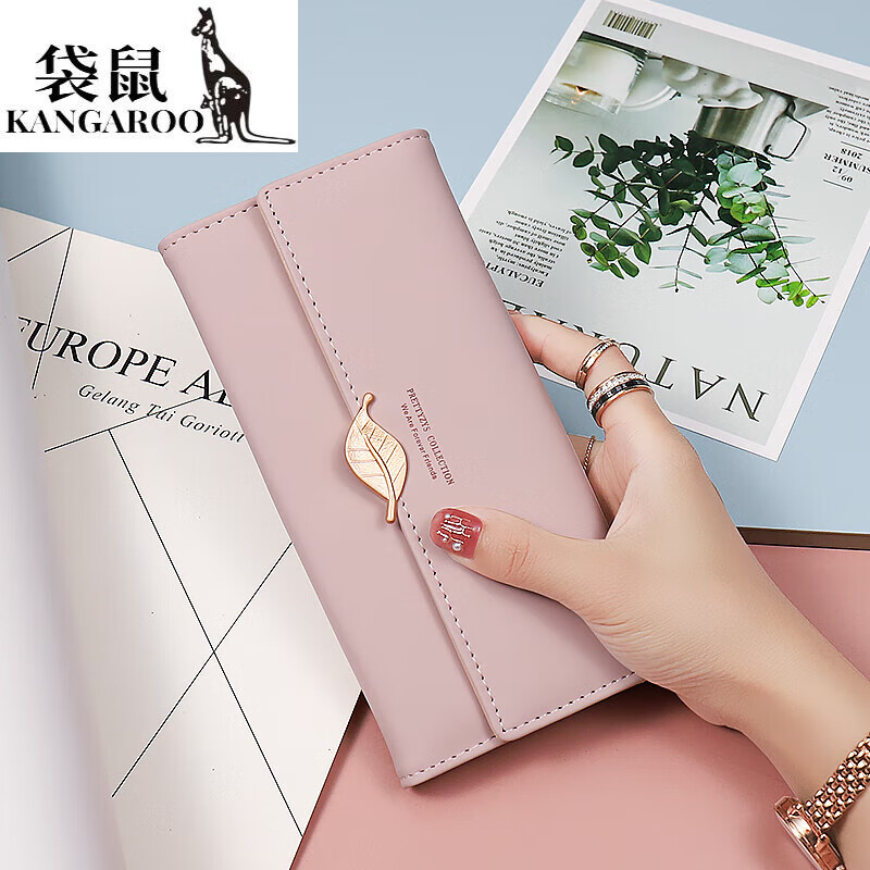 Kangaroo (KANGAROO) Luxury (chi) Light Luxury Trendy Long Wallet Women's Clutch Soft Leather Versatile Mobile Phone Bag Genuine Leather Fashion Card Holder Pink