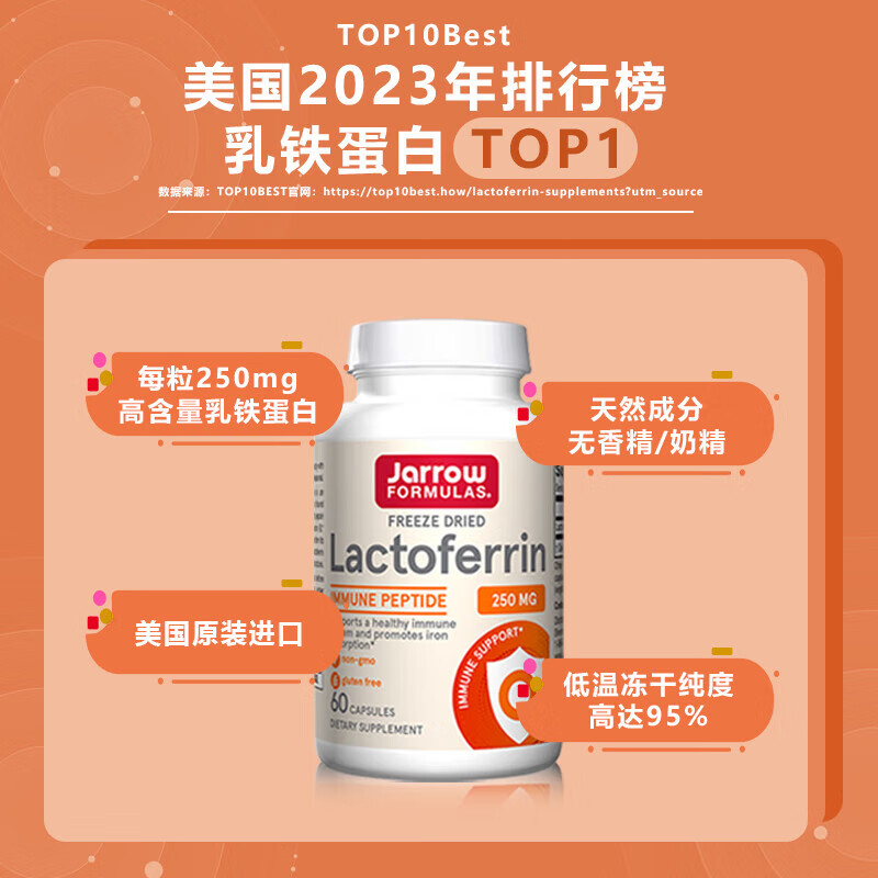Jarrow Lactoferrin Capsules to enhance immunity and resistance, suitable for cats, imported from the United States, freeze-dried lactoferrin 30 capsules/bottle