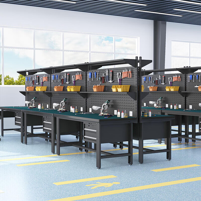 Baigang Heavy Duty Workbench Anti-static Maintenance Table Factory Workshop Fitter Operation Table Assembly Line Packing Table Two Drawers + Double Hanging Plate + Lamp Stand + Shed Plate 2100*750*1820mm