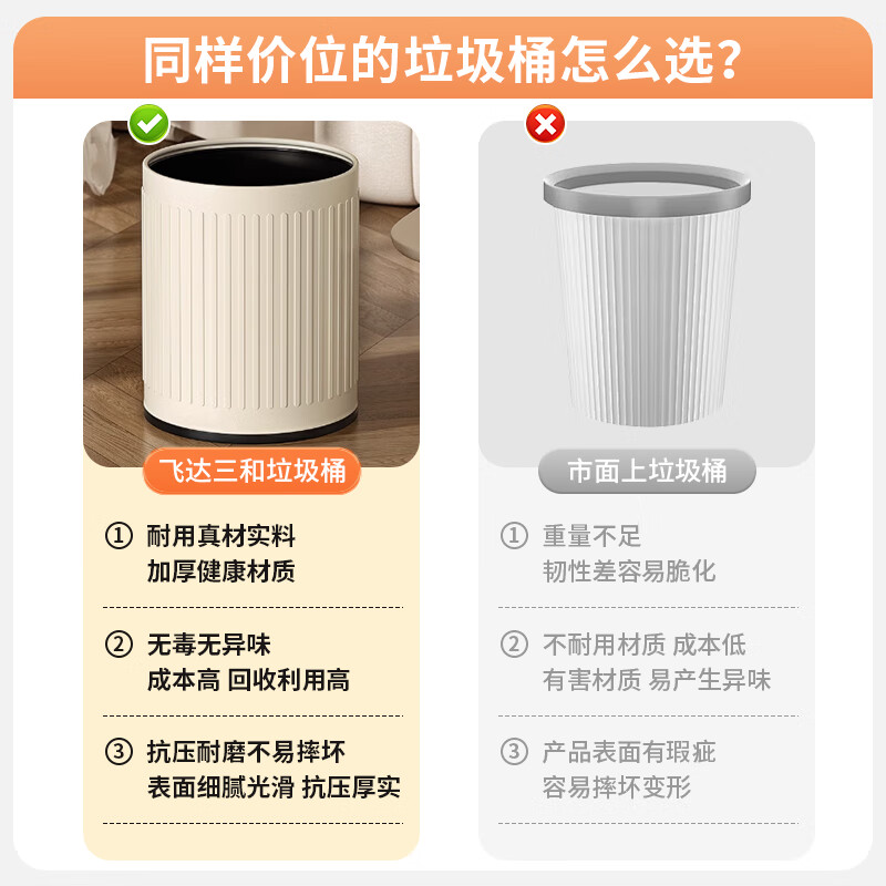 Feida Sanhe Trash Can Home Living Room High-Looking Kitchen Toilet Bedroom Large Capacity Modern Simple Large Coverless Trash Can 12L Cream White Double Bucket Inside and Out - Stripe Design